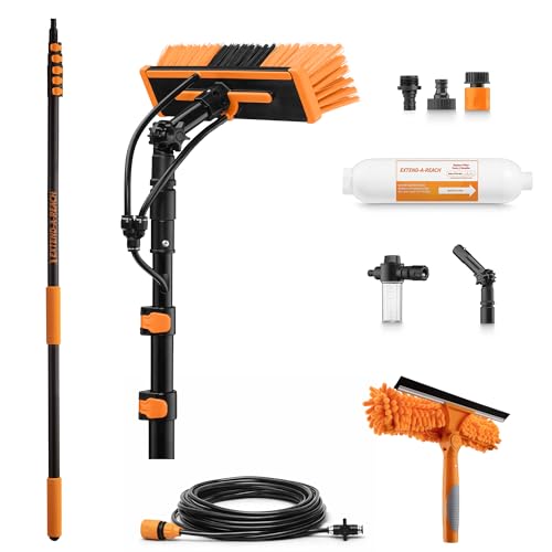 5-24 ft Water Fed Pole Window Cleaning System // Professional Telescopic Solar Panel Cleaning Equipment // Water Fed Brush with Upper Rinse Bar 10 Squeegee Water Filter Soap Dispenser & Water Hose