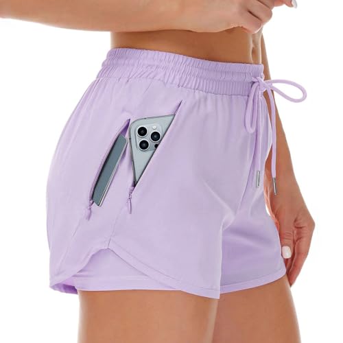 Cheerful Mario 2 en 1 Femme Running Short de Sport été pour Fitness Jogging Entraînement Poche avec Zippées Violet M