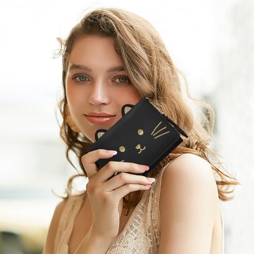 LJCZKA Cute Cat Wallet for Women Girls Small Tri-fold Leather Wallet with Tail Girly Aesthetic Card Holder Purse Ladies (Black)2