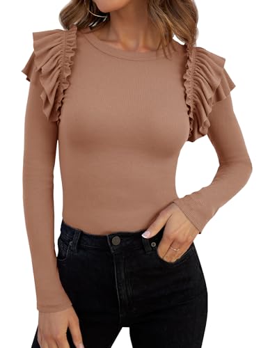 Image of Tankaneo Womens Ruffle Long Sleeve Shirts Fitted Ribbed Knit Tops Fall Casual Crew Neck Tees