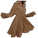 Generic Blusenkleider Frauen lässige Feste Kleidung Knopf Lange Hemdkleid Langarm-Revers Elegante lässige Lange Kleidung Lange Gürtel Kleider Damen Sommerkleid