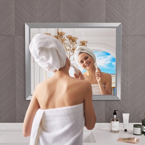 Amorho 40x32 Inch Bathroom Mirror Silver, Thick Metal Framed Wall Mirrors for Over Sink, Brushed Nickel Mirror Perfect for Bedroom, Living Room, Entryway, Rectangle (Horizontal/Vertical).