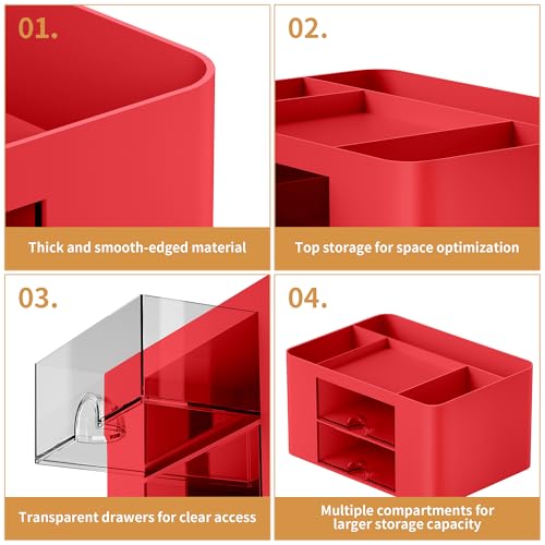 Image of Marbrasse Pen Organizer with 2 Drawer, Multi-Functional Pencil Holder for Desk, Desk Organizers and Accessories with 5 Compartments + Drawer for Office Art Supplies (Red)