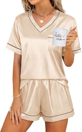 WIHOLL Silk Pajamas for Women Lounge Sets 2 Piece Summer Satin Pjs Soft Sleepwear Loungewear Short Sleeve Matching Pj Sets Women Clothing Cruise Airport Vacation Two Piece Outfits Champagne M