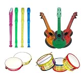 Kit 4 Brinquedos Kit Musical Flauta, Pandeirinho, Tamborzinho, Violão