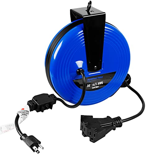 Aweltec 30 Ft Retractable Extension Cord Reel, Ceiling Or Wall Mount 16/3 Gauge Power Cord With 3 Electrical Outlets For Garage Or Workshop, Circuit Breaker, Metal Plate, And Hardware Included #TOP5