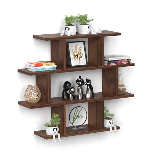 Image of BLUEWUD Senara-4 Layer Wall Mount Design Engineering Wood Bookshelf Filing Cabinet Books Rack Organizer for Decor Display for Library Living Room Study Room (Color - Brown Maple)
