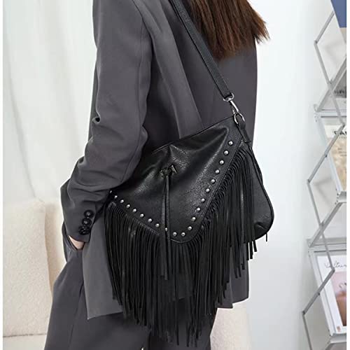 Image of IAMUHI Casual Rivets Fringed Shoulder Handbag for Women,Soft Vegan Leather Hippie Crossbody Purse Bag Hobo Bag