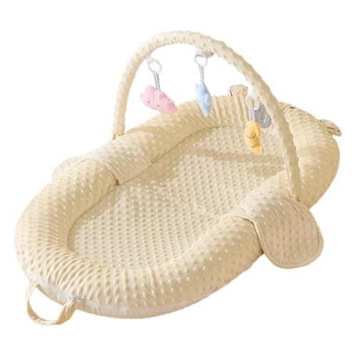 JICOMUSベビーベッド、添い寝ベッド、吐き戻し防止の癒し枕、折りたたみ式ベッド、軽量、横転防止、洗える、嘔吐防止マット、可動式ベビーベッド、おもちゃラック付き、ベビーシャワーギフト (C,ベージュ)