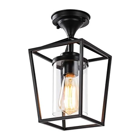 HMVPL Farmhouse Semi Flush Mount Ceiling Lights, Black Close to Ceiling Lamp with Glass Lampshade for Bedroom Kitchen Island Entryway Dining Room Hallway Cover