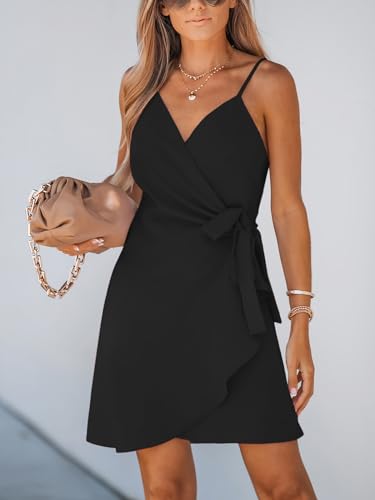Image of CUPSHE Women Spaghetti Strap Summer Dress Surplice V Neck Wrap Waist Tie Casual Beach Sundress Holiday Vacation Mini Dress