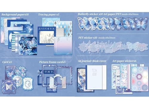 Image of VIBE VISTA Vintage Aesthetic Scrapbook Kit,346 Pcs,A6 Grid Notebook,Washi ,Envelopes, Scrapbook Papers, Folding Labels, Background Papers, Photo Frames, Calendar Stickers, Stickers (Blue Butterfly)
