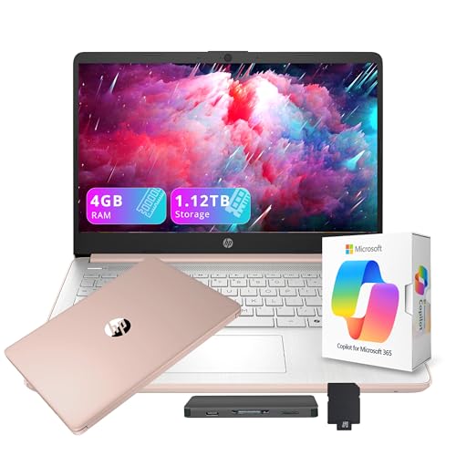 Image of HP Flagship 14 inch HD Business & Student Laptop, with Office 365 & Copilot AI, Intel Quad-Core, 4GB RAM, 1.12TB Storage (128GB UFS + 1TB Docking Station Set), Intel Graphics, Wi-Fi 6, Win 11, Rose Gold