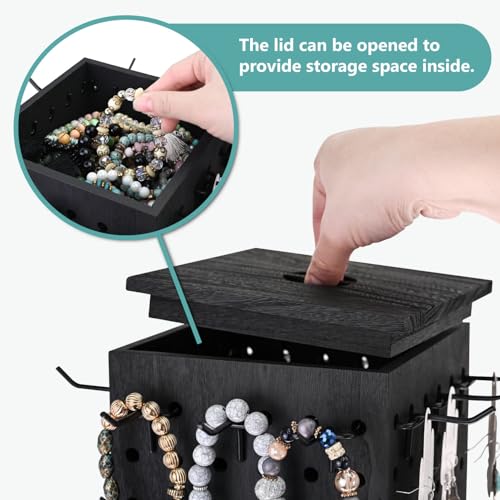 MOOCA Wooden Rotating Four-Sided Pegboard Jewelry Accessories Rack, Rotating Jewelry Display with a Lid for Large Inner Storage Space, 48 Removable Black Hooks, Black Color by MOOCA - Image 4