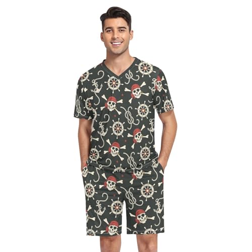 Men's Short Sleeve Pajama Set Pirate Skull Summer Pjs Set 2 Piece Loungewear Sleepwear with Pockets