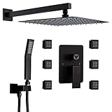 STARBATH Shower Jets System 12 Inch Wall Mounted Rainfall Shower Head with 6 Body Sprays and Brass Handshower, Shower Faucet Rough-in Mixer Valve and Trim Included Shower Combo Set, Matte Black