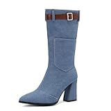  Lizoleor Bloc Pointu Side Zippées Femme Denim Bottes Concise Talons Hauts Boucle Automne Hiver Bottes Habillées Light-Bleu Taille 36 EU