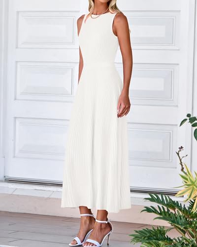 BTFBM Women Tank Midi Dress Summer Crewneck Sleeveless Pleated A Line Business Casual Formal Sweater Spring Dresses 2026(White, Medium) — view 6