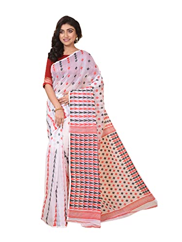 Sari Dhaka Jamdani en algodón de Bengala blanco tejido artesanal de 5.5m