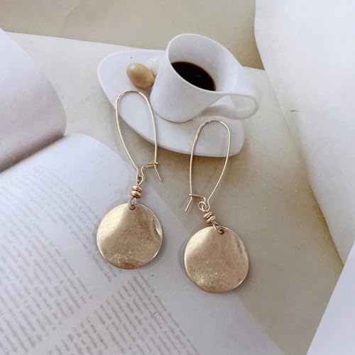 Vintage Disc Coin Statement Long Dangle Drop Big Hoop Earrings for Women Minimalist Geometric Brushed 18k Gold Plated Lightweight Hypoallergenic Dangling Hanging Trendy Fashion Jewelry Gift3