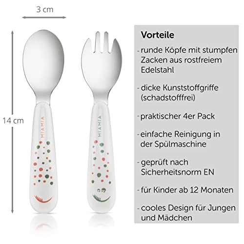 Foto von MiaMia Kinder und Baby Besteck Set - sicheres, geprüftes und lebensmittelechts Babybesteck aus Edelstahl mit handlichen Griffen - Creme Weiß (ab 12 Monate (4 Teile))