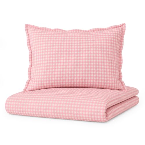 Image of TISU Toddler Crib Duvet Cover Sized 47 x 59 inch Gingham Patterned Soft Muslin Double Gauze Bedding Boy Girl Nursery Kids Sheet Bedsheets (Pink Gingham /Toddler)