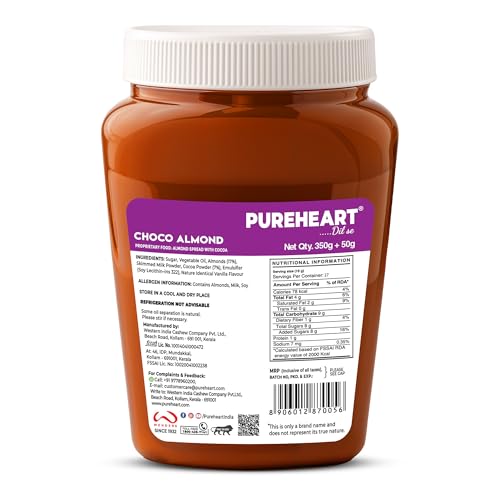 Image of PUREHEART Choco Almond Nut Spread (350 +50 gm Extra) | Nutty, Smooth and Creamy Chocolate Almond Spread for Breakfast - No. 1 Exporter of Roasted Nuts