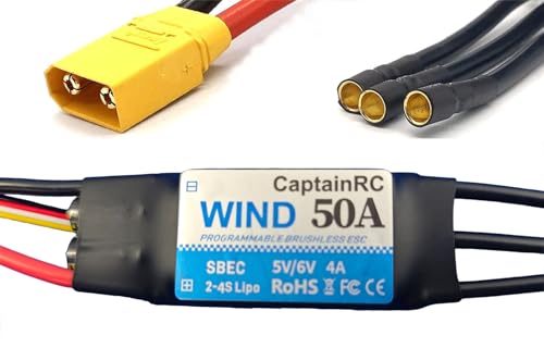 captainrc 50 ESC with 5V 6V/4A BEC 2-4S Electric Speed Controller with XT60 & 3.5 mm Bullet Plugs for Fixed Wing Airplane/RC Drone Airplane/Brushless Motors