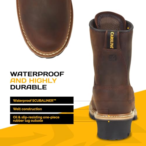 Image of Carolina 8 inch Steel Toe Logger Boots for Men, Waterproof Design, EH-Rated | Waterproof, Steel Toe Protection, Slip-Resistant Lug Outsole, Memory Foam Comfort, Lineman & Arborist Work Boots, EH Rated