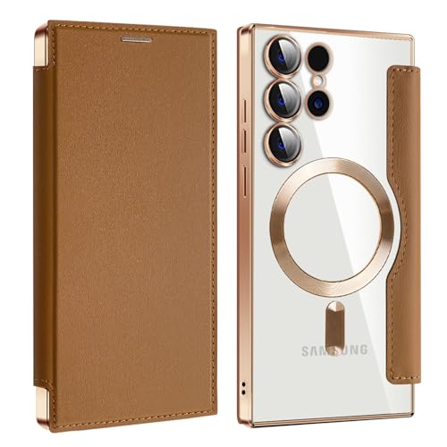 Étui portefeuille MagSafe pour Samsung S25 Plus en cuir plaqué marron