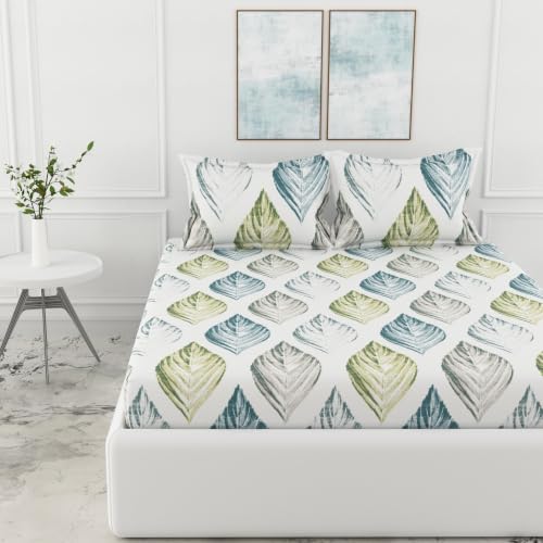 Image of LORETO - A QUALITY LINEN BRAND 186 TC 100% Pure Cotton Double /Queen Fitted Bedsheet with 2 Pillow Covers for 78 x 60 Inch Mattress, All-Around Elastic, 8 Inch Deep Pocket, Teal Blue & Green