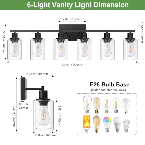 Image of Indoi 6-Light Bathroom Light Fixtures, Matte Black Modern Vanity Lights with Clear Glass Shades, Bathroom Wall Lamp for Mirror Living Room Cabinet Bedroom Porch