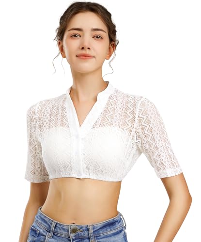 AMZHOTER Dirndl Bluse Damen Dirndlbluse Spitze Trachtenbluse Kurzarm Weiß Bluse Oktoberfest V-Ausschnitt 36
