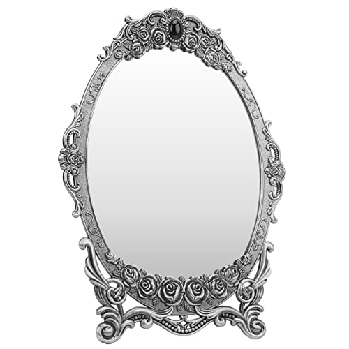 Espelho de mesa de maquiagem antigo vintage, espelho de maquiagem de bancada de rosas em relevo anti