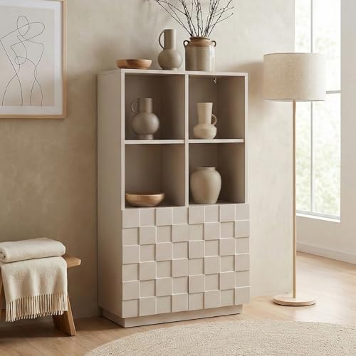 [en.casa] Aparador Alto Bopibobro con 8 Compartimentos Mueble Auxiliar de Cocina 2 Puertas con Diseño Cuadrado 3D Rectangular Armario Multiusos 118 x 64 x 30 cm - Beige