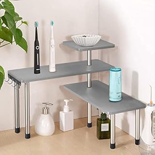 Jolitac 3 Tier Kitchen Corner Shelf Desktop Bamboo Shelving Organiser Spice Storage Rack, Space Saving Organizer Corner Bookshelf for Kitchen, Home, Office with Hooks (Grey)
