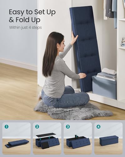 Image of SONGMICS MAZIE Collection - 43 Inches Folding Storage Ottoman Bench, Ottoman Foot Rest, End of Bed Bench, Storage Chest, Load 660 lb, for Living Room, Bedroom, Entryway, Midnight Blue ULSF77IN