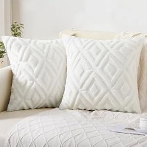 Pallene Soft Faux Fur Throw Pillow Covers 18×18 – Plush Short Wool Velvet Decorative Pillow Covers – Couch Sofa Pillow Covers for Living Room – with 3D Diamond Pattern – Set of 2 – Cream White