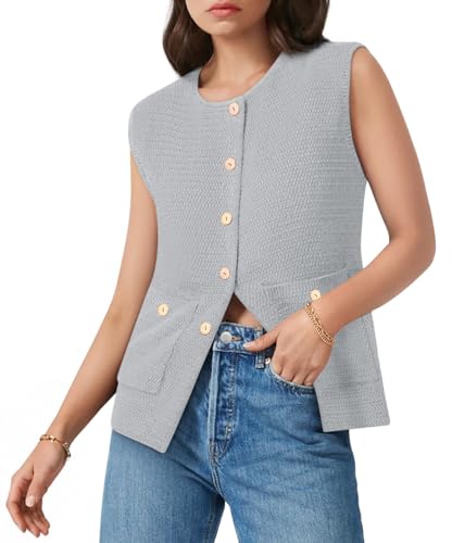 Image of Yousify Womens Sweater Vest Sleeveless Button Down Round Neck Knitted Tank Tops Casual Cardigan with Pockets