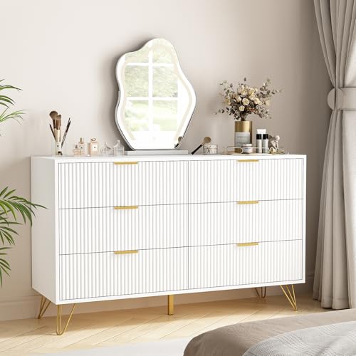 LYNSOM Dresser for Bedroom, Modern 6 Drawer White Dresser with Metal Handles and Wide Drawer, Wood Chest of Drawers for Living Room - Thumbnail 3