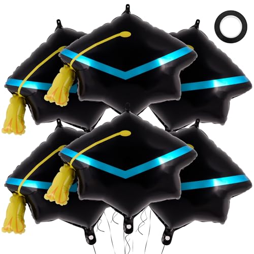 Image of 6 Pcs Graduation Cap Balloons, Large Academic Cap Shaped Black Mylar Graduation Foil Balloons, Grad Hat balloons for 2026 Graduation Party Decorations (Black Blue)