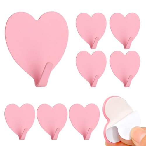 Heart Wall Hooks, 8 Pack, Small Pink Decorative Accessories, Purse Hanger for Girls Room, Stainless Steel, Sturdy Adhesive for Hanging Keys, Bags, Towels, Clothes