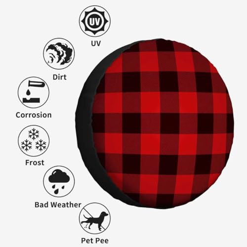 Image of Lumberjack Plaid Pattern Spare Tire Cover 15 inch Wheel Red Black Plaid Mesh Regular Repeat Squares Classic Protectors Weatherproof Universal for Trailer Tire Cover Rv SUV Truck Camper Travel Trailer