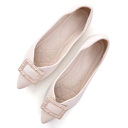 Hee grand Women's Slip on Foldable Ballet Flats,Soft Leather Pointy Toe Flats Shoes,Apricot