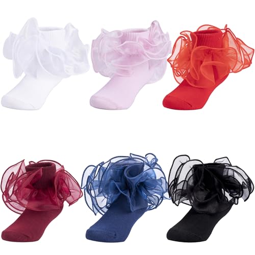 Image of Dicry Baby Girls Double Lace Turn Cuff Socks with Big Ruffle for Infant Toddlers and Kids