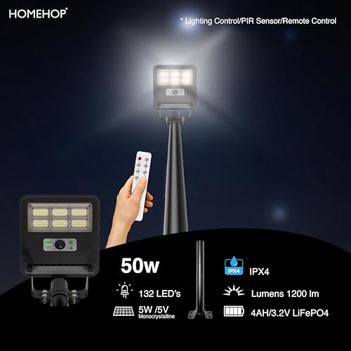 Image of Homehop Solar Light Outdoor Home Garden 50W Wireless Street Automatic Lamp | Solar Street Light Outdoor Waterproof LED Wall Motion Sensor Security for Balcony, Porch, Patio (4000mAh,Cool Light, ABS)