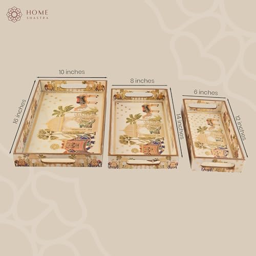 Image of Wooden Serving Tray with Gold Engraving | Set of 3 | Size : 16 x 10 inch, 14 x 8 inch & 12 x 6 inch | Enamel Coated Waterproof | Rectangular | Decorative Trays | Royal Camel Set