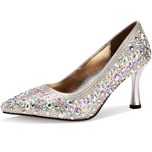 TDD High Heels for Women Stiletto Stylish Glitter Rhinestone Crystal Sexy Pointed Toe Shoes Dressy Comfortable Sexy Elegantes Slip On Sparkly Ladies Formal 3 Inch Pumps