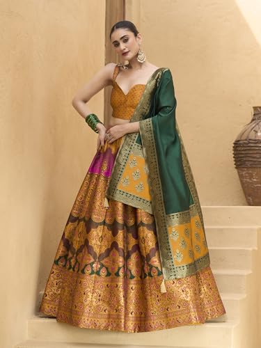 Image of PURVAJA Women's Kanjiwaram Semi-Stitched Lehenga choli