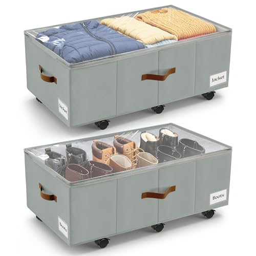 Image of Under Bed Storage with Wheels,Underbed Storage with Sturdy Sidewalls /Bottom, Clear Cover, Label and PU Handle, Rolling Under Bed Drawers for Clothes, Shoes, 11 Inch Height,Grey, 2 Pack